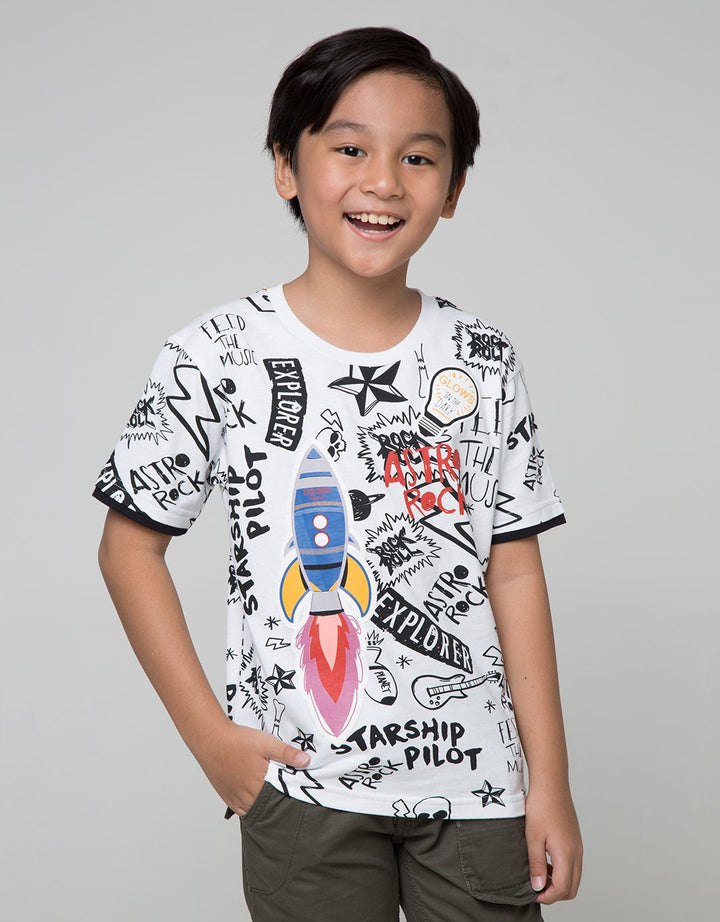Little M Short Sleeve T-Shirt Fullprint Space Rocket Emboss Embossed