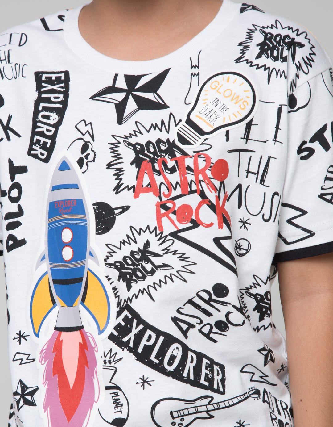 Little M Short Sleeve T-Shirt Fullprint Space Rocket Emboss Embossed