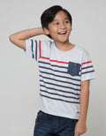 Little M Short Sleeve T-Shirt Print Stripe Kantong Kancing Label Patch