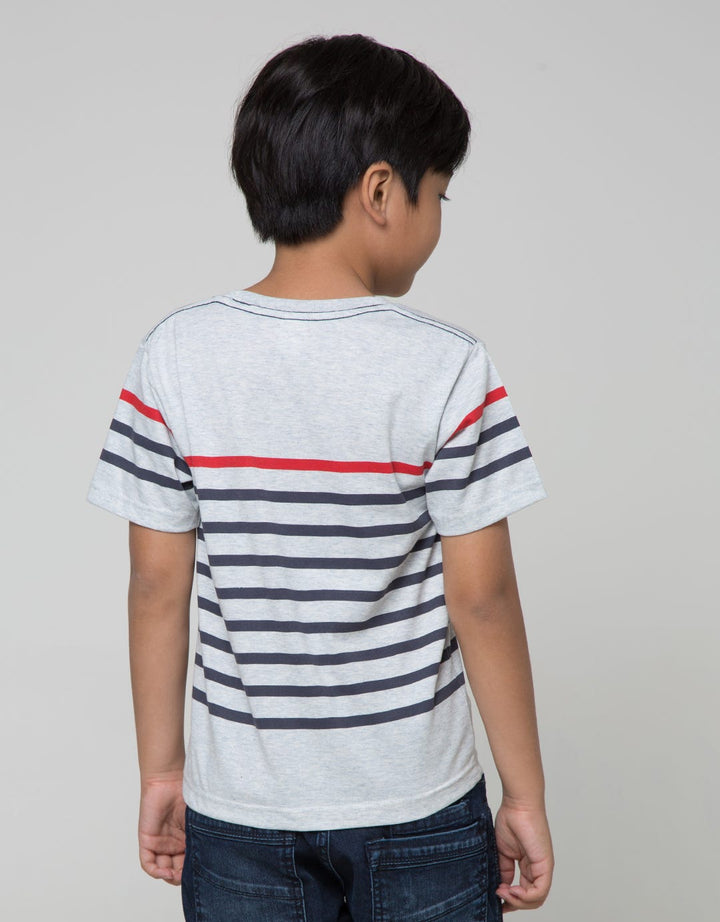 Little M Short Sleeve T-Shirt Print Stripe Kantong Kancing Label Patch