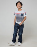 Little M Short Sleeve T-Shirt Print Stripe Kantong Kancing Label Patch
