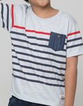 Little M Short Sleeve T-Shirt Print Stripe Kantong Kancing Label Patch