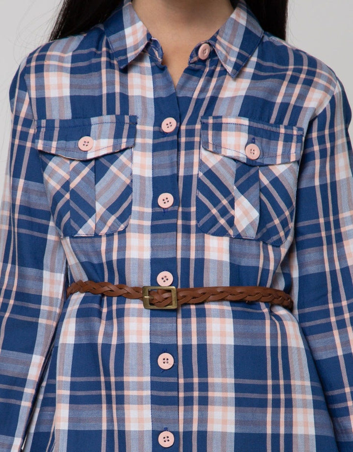 Nevada Kids Long Sleeve Midi Dress Shirt Checks With Belt