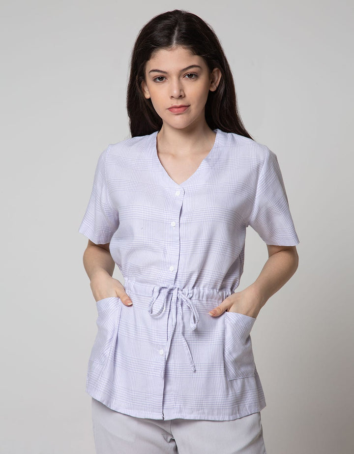 Nevada Short Sleeve Blouse Check Small Size With 2 Pocket And Rope