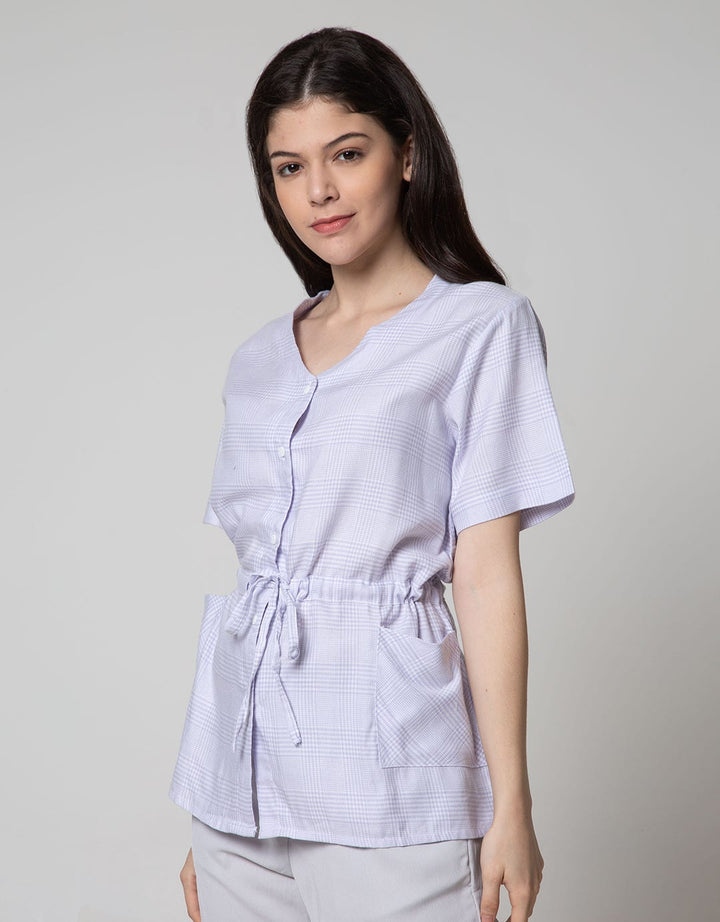 Nevada Short Sleeve Blouse Check Small Size With 2 Pocket And Rope
