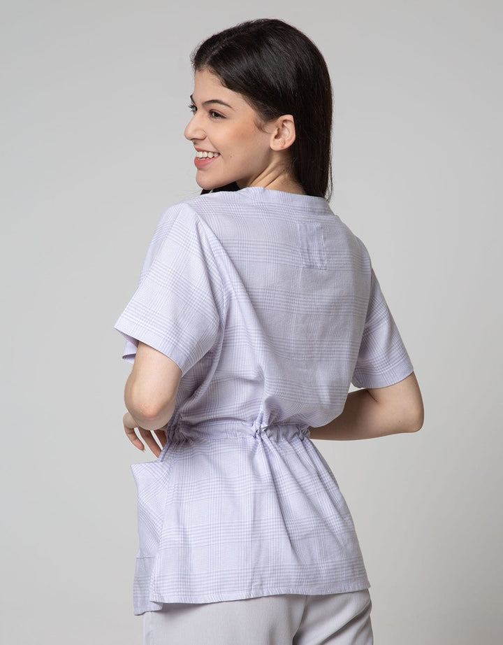 Nevada Short Sleeve Blouse Check Small Size With 2 Pocket And Rope