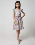 Kidz Too Short Sleeve Midi Dress Pink Ribbon Waist Flower