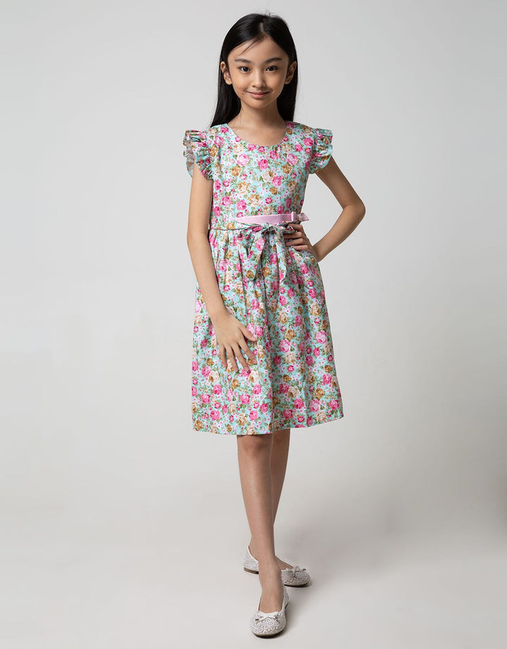 Kidz Too Short Sleeve Midi Dress Pink Ribbon Waist Flower