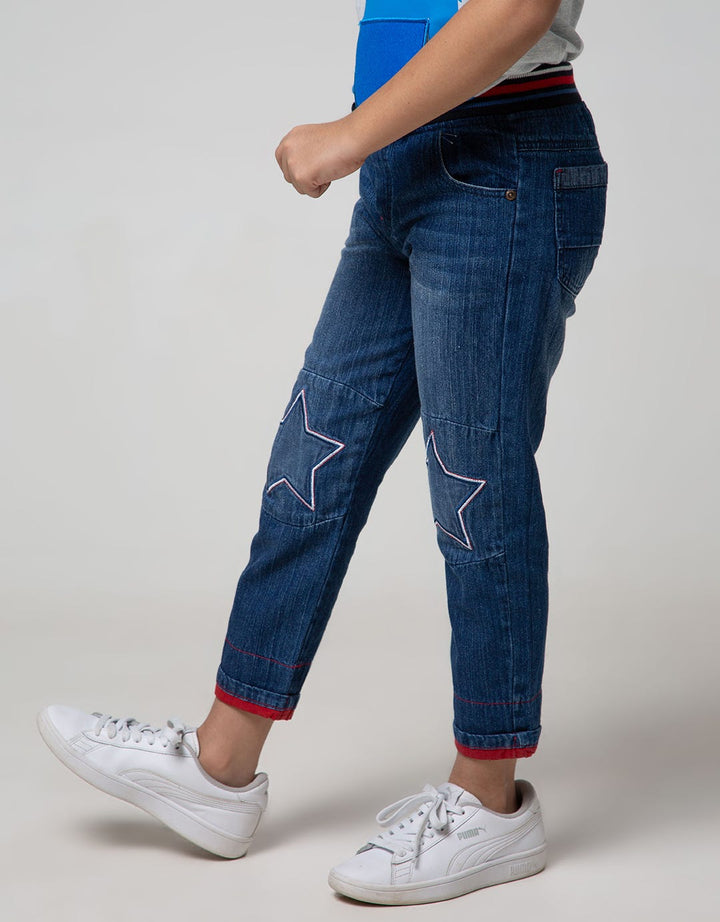 Little M Denim Pants Rib Bordir Bintang Non Stretch Lipat