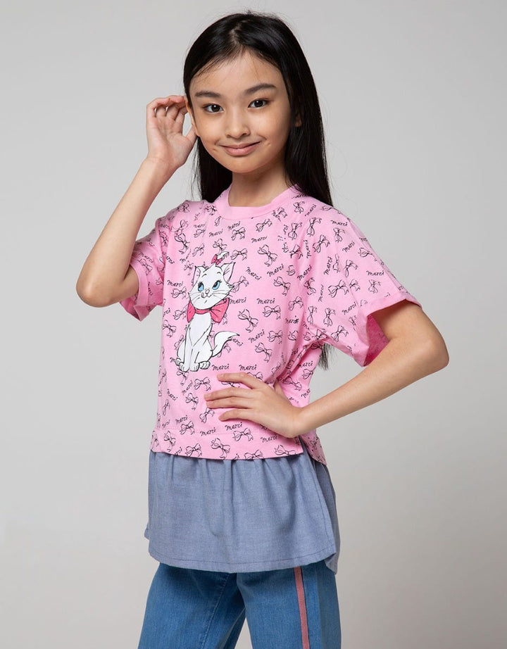 Disney Kids Short Sleeve T-Shirt Top Marie Combine Woven