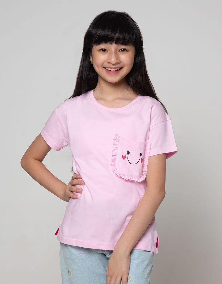 Nevada Kids Short Sleeve T-Shirt Ruffle Pocket Embroidered Emoji Smile