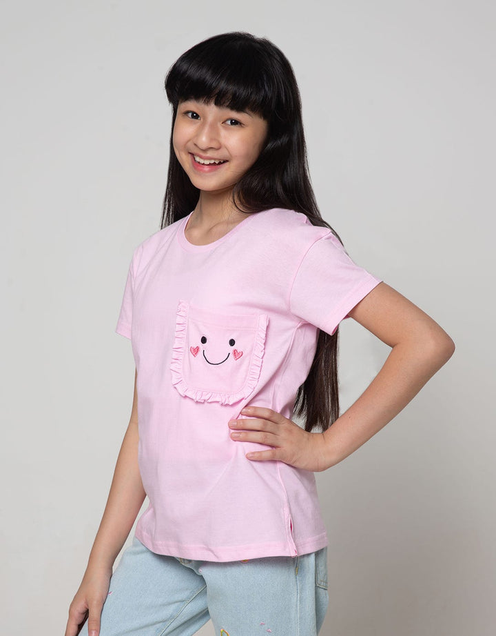 Nevada Kids Short Sleeve T-Shirt Ruffle Pocket Embroidered Emoji Smile