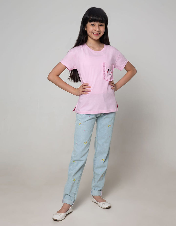 Nevada Kids Short Sleeve T-Shirt Ruffle Pocket Embroidered Emoji Smile