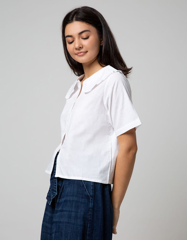 Details Short Sleeve Shirt Plain With Ruffles Colar
