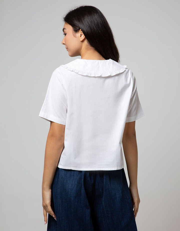 Details Short Sleeve Shirt Plain With Ruffles Colar