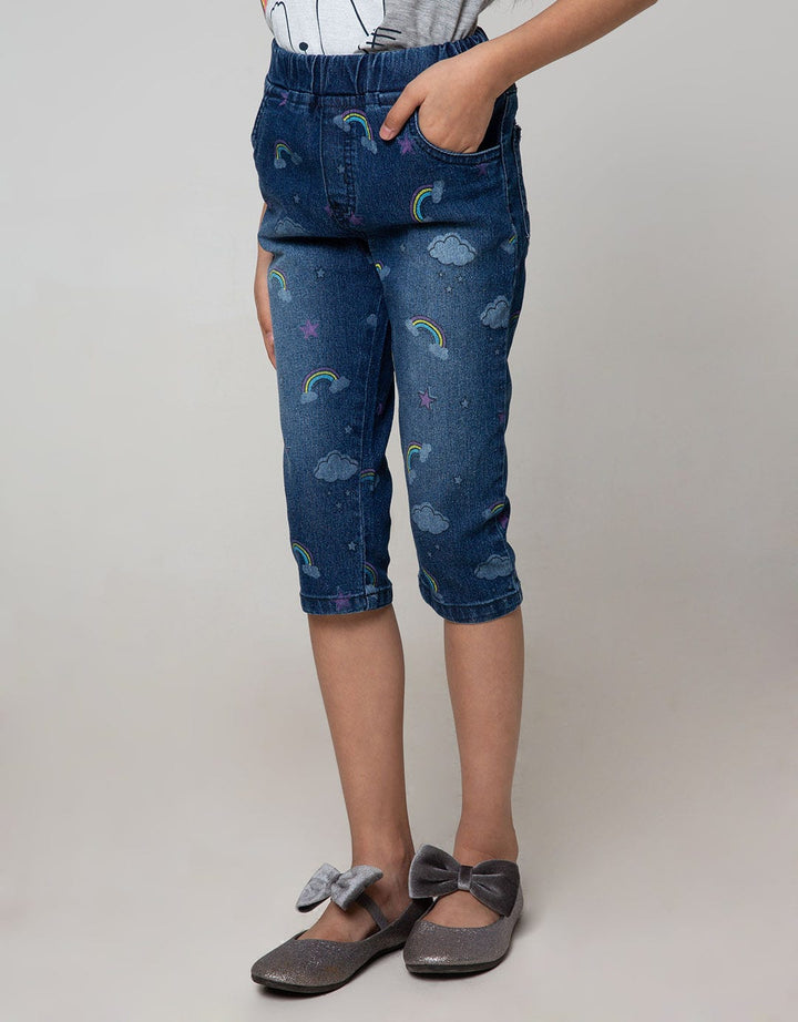 Little M Denim Long Pants Crop Fullprint Rainbow