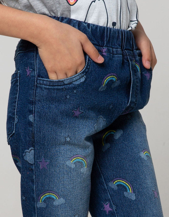 Little M Denim Long Pants Crop Fullprint Rainbow