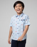 Little M Short Sleeve Shirt Fullprint Dino Stripe Piece Dyed Kantong
