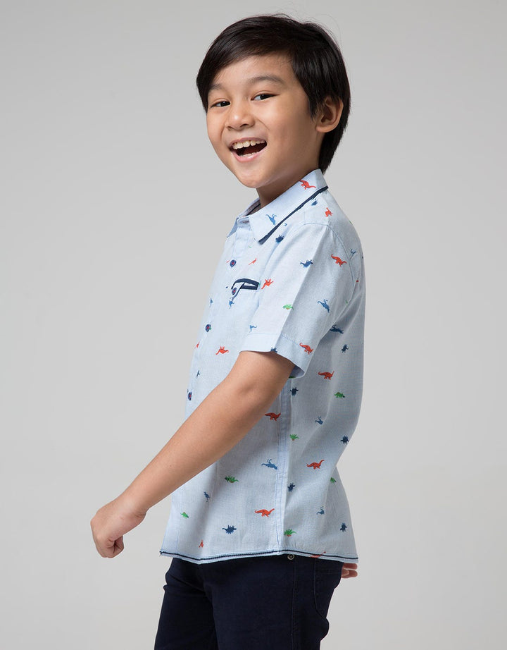 Little M Short Sleeve Shirt Fullprint Dino Stripe Piece Dyed Kantong