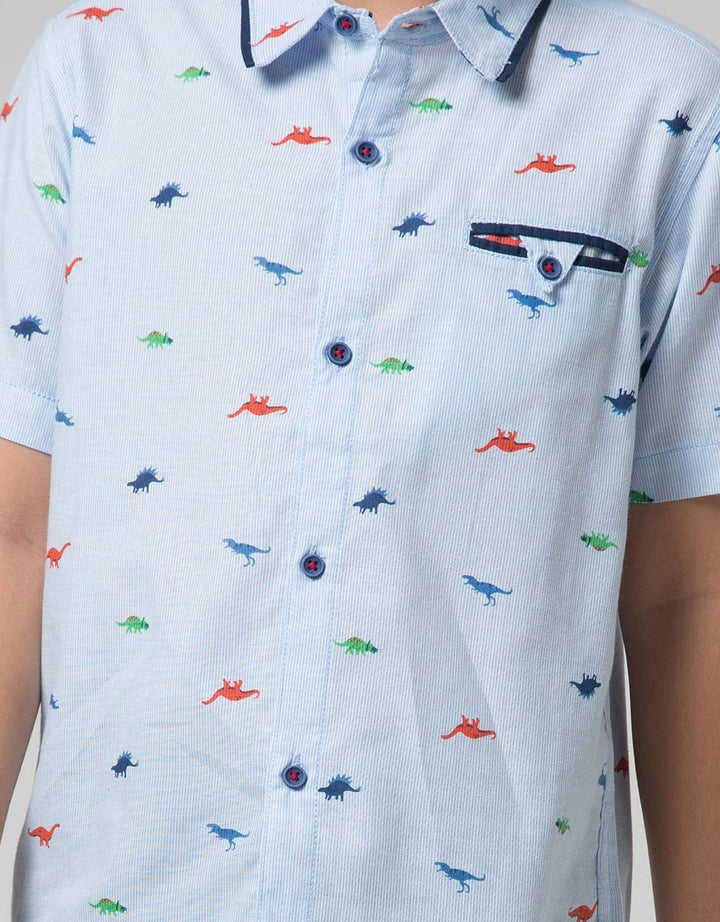 Little M Short Sleeve Shirt Fullprint Dino Stripe Piece Dyed Kantong