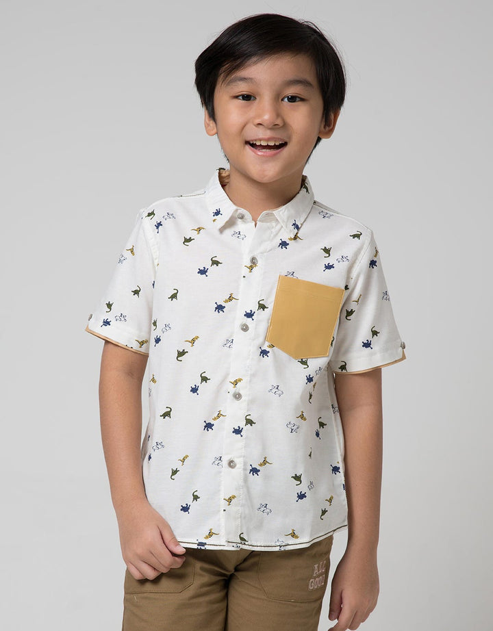 Little M Short Sleeve Shirt Fullprint Dino Oxford Pocket Combination