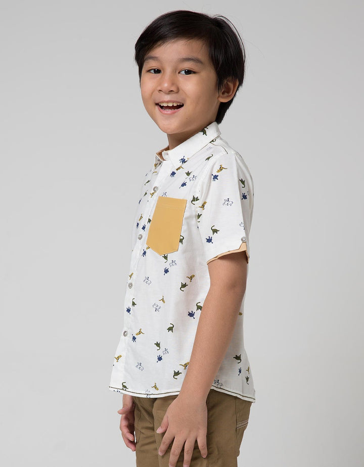 Little M Short Sleeve Shirt Fullprint Dino Oxford Pocket Combination