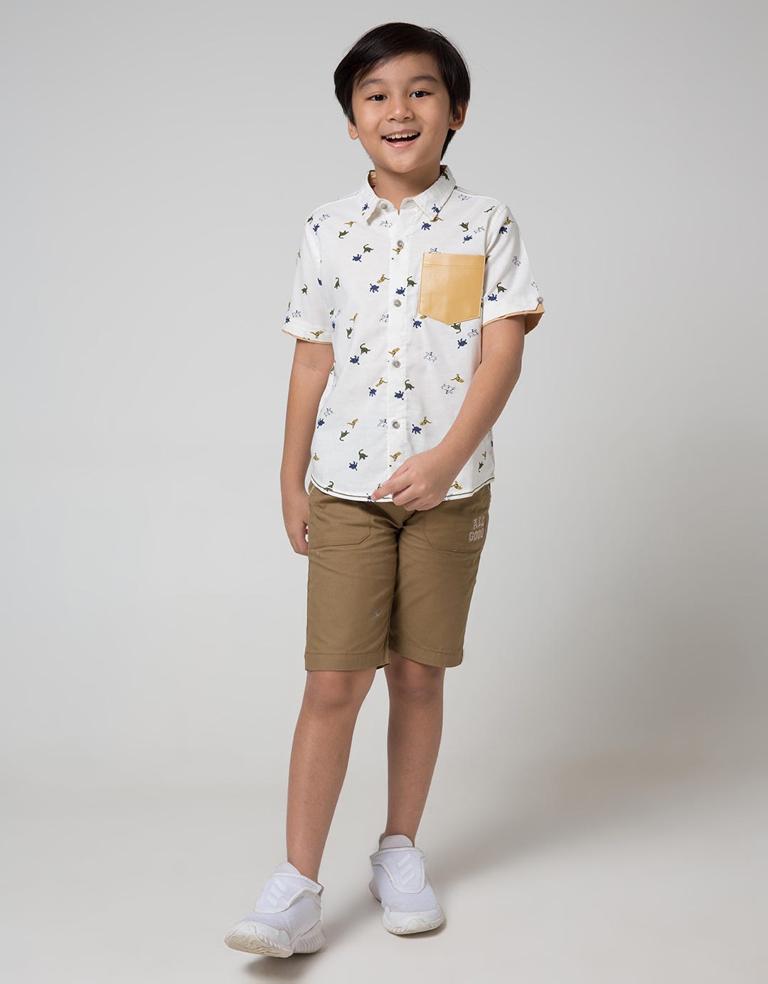 Little M Short Sleeve Shirt Fullprint Dino Oxford Pocket Combination