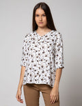 St. Yves Long Sleeve Blouse Top Rayon Twill Print Petit Flower Ruffle Neck