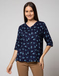 St. Yves Long Sleeve Blouse Top Rayon Twill Print Petit Flower Ruffle Neck