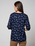 St. Yves Long Sleeve Blouse Top Rayon Twill Print Petit Flower Ruffle Neck