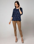 St. Yves Long Sleeve Blouse Top Rayon Twill Print Petit Flower Ruffle Neck