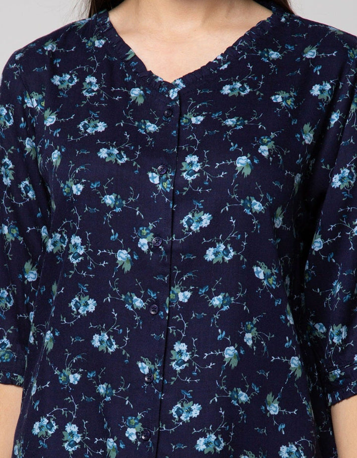 St. Yves Long Sleeve Blouse Top Rayon Twill Print Petit Flower Ruffle Neck