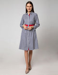 Nevada Long Sleeve Dress Woven with Red List At Waist