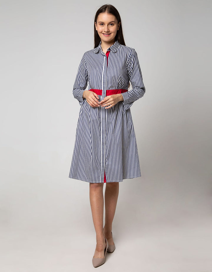 Nevada Long Sleeve Dress Woven with Red List At Waist