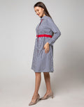 Nevada Long Sleeve Dress Woven with Red List At Waist