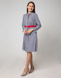 Nevada Long Sleeve Dress Woven with Red List At Waist