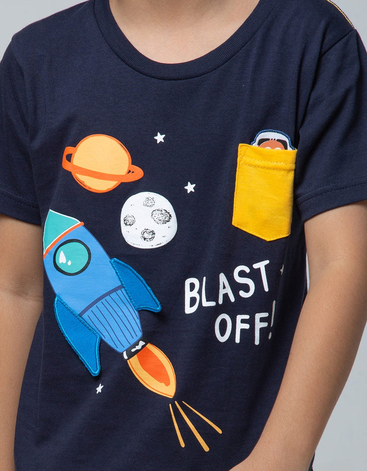 Little M Short Sleeve T-Shirt Rocket Aplikasi Laken Kantong