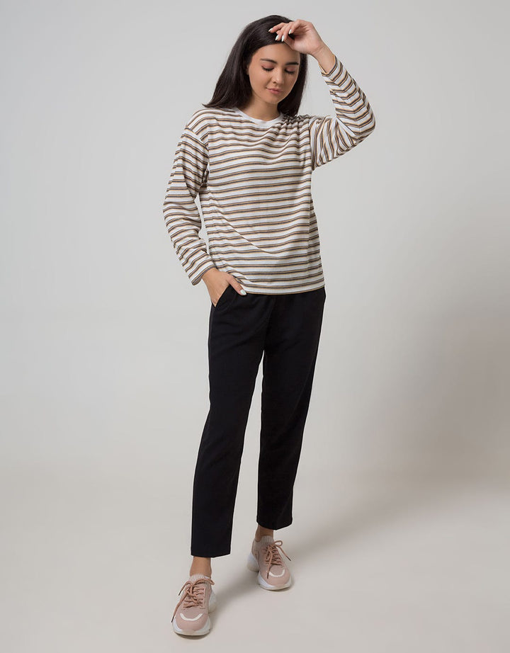 Phenomenal Knit Top Print Long Sleeve T-Shirt Stripes Cabut Jarum
