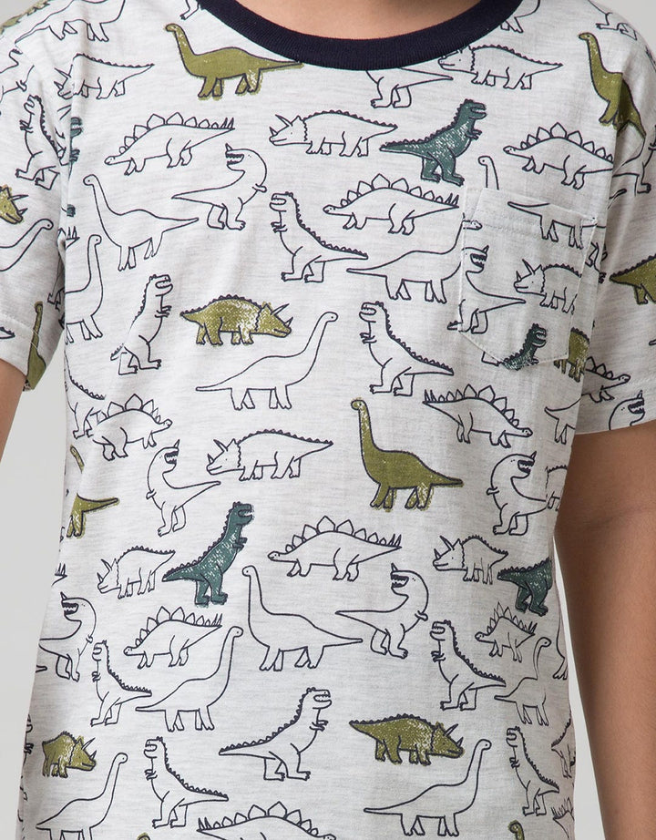 Little M Short Sleeve T-Shirt Fullprint Dino Kantong Fptd163:Misty Light Gr:M:Print:Short Sleeve T-Shirt