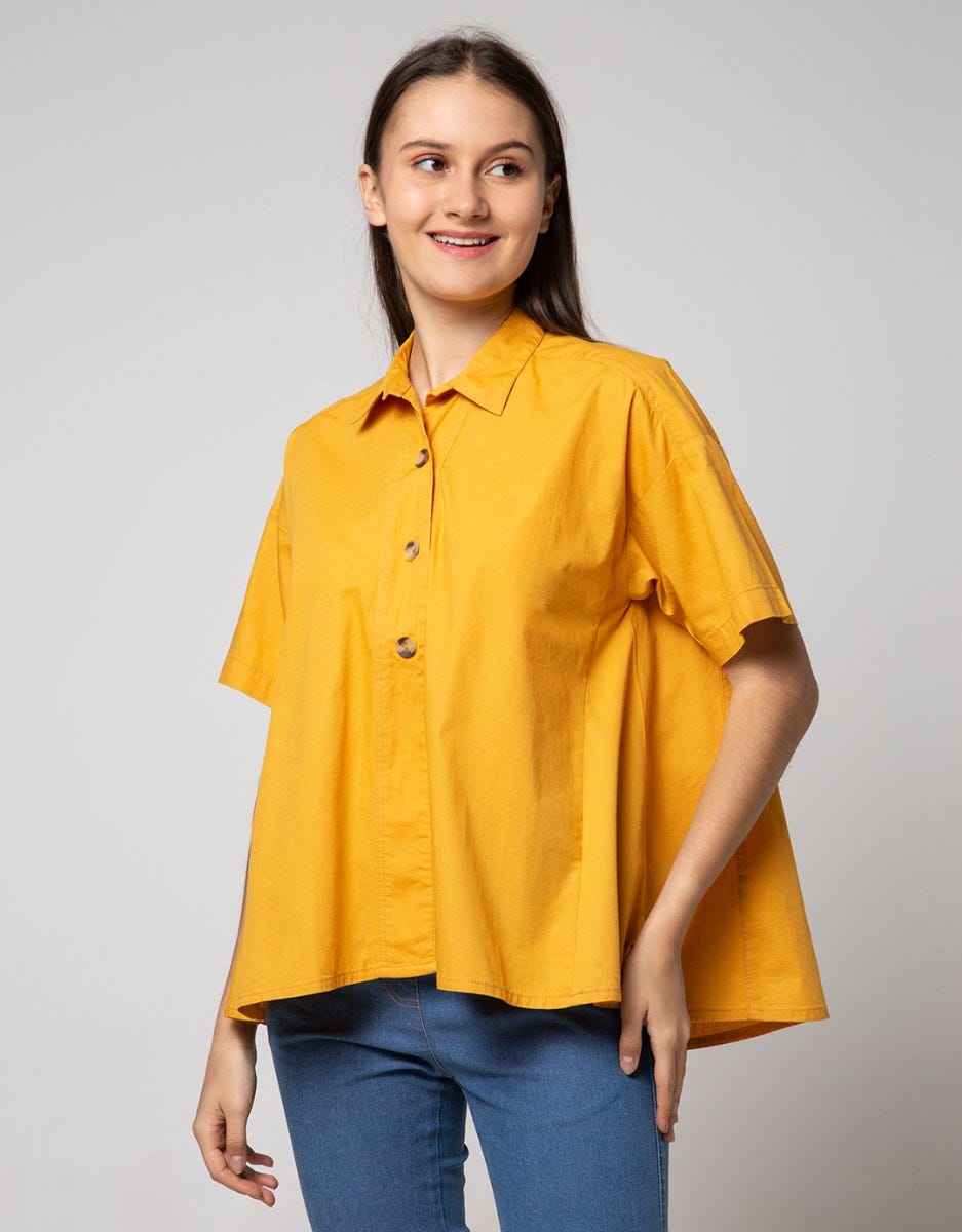 Nevada Short Sleeve Blouse Twill Oval Wooden Buttons