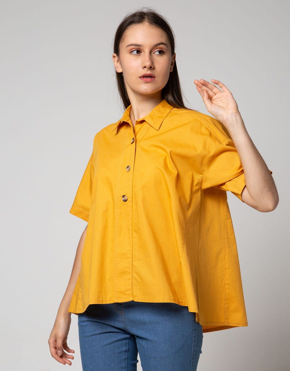 Nevada Short Sleeve Blouse Twill Oval Wooden Buttons