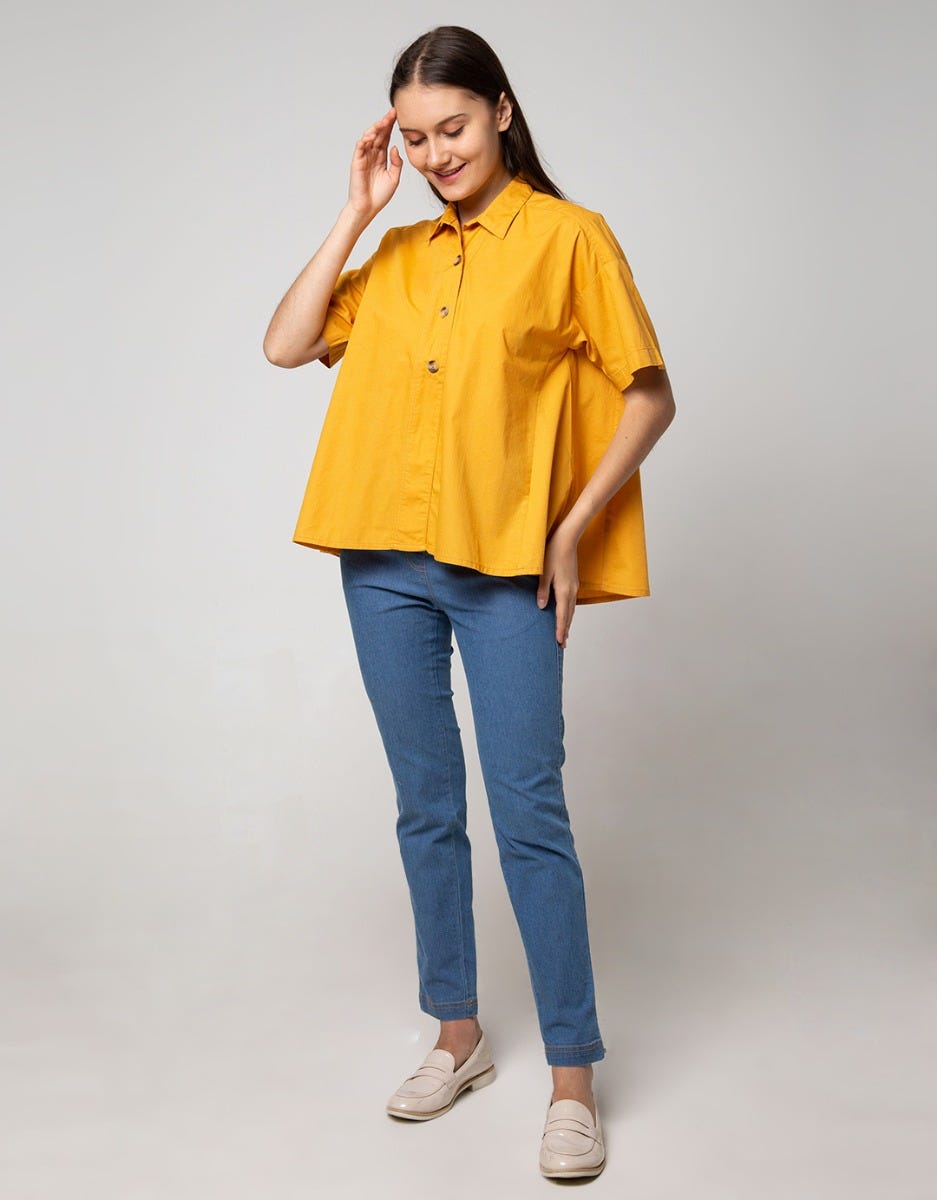 Nevada Short Sleeve Blouse Twill Oval Wooden Buttons