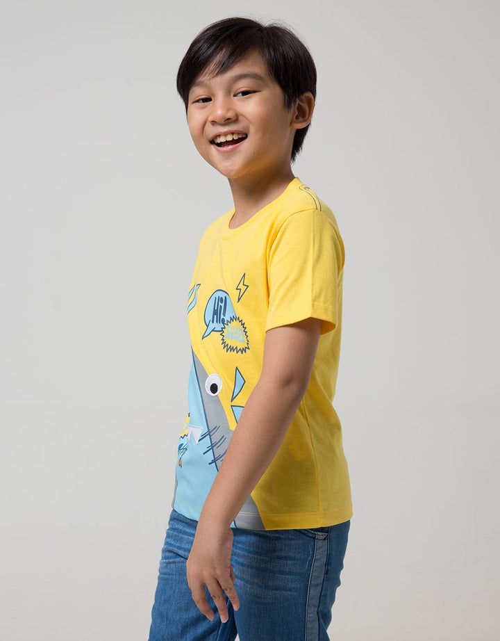 Little M Short Sleeve T-Shirt Print Hi Shark Laken Bordir