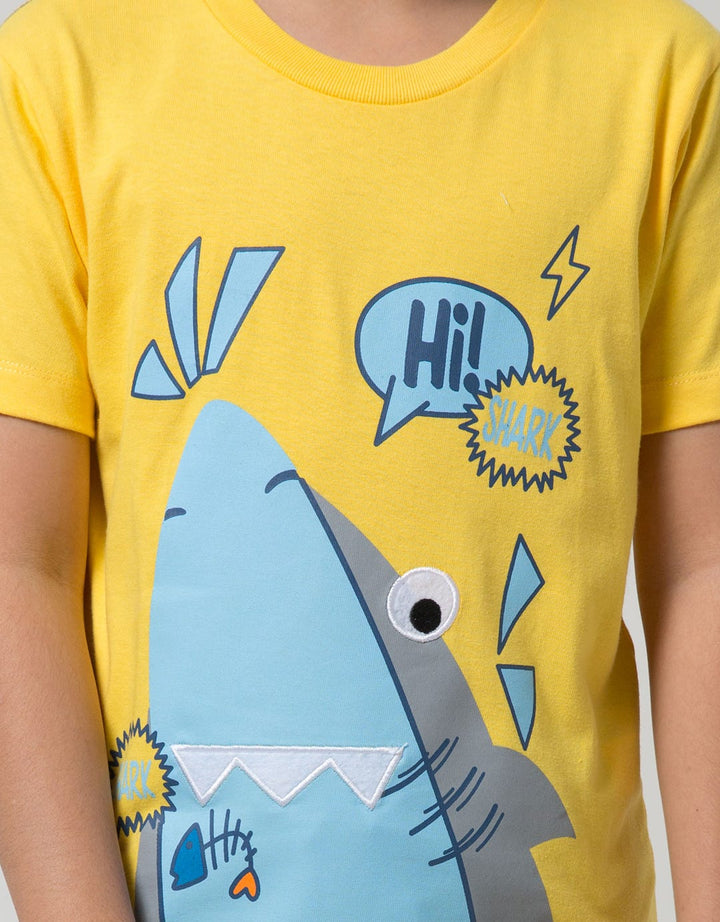 Little M Short Sleeve T-Shirt Print Hi Shark Laken Bordir