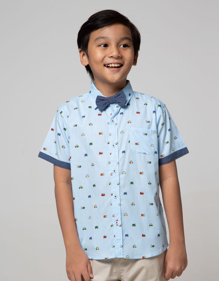Little M Short Sleeve Shirt Fullprint Car Kantong Dasi