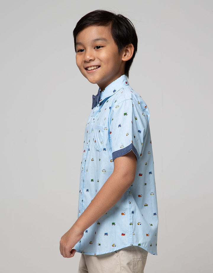 Little M Short Sleeve Shirt Fullprint Car Kantong Dasi