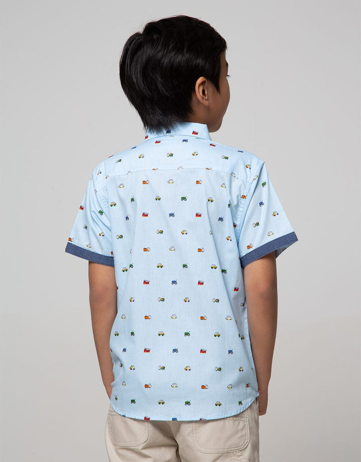 Little M Short Sleeve Shirt Fullprint Car Kantong Dasi