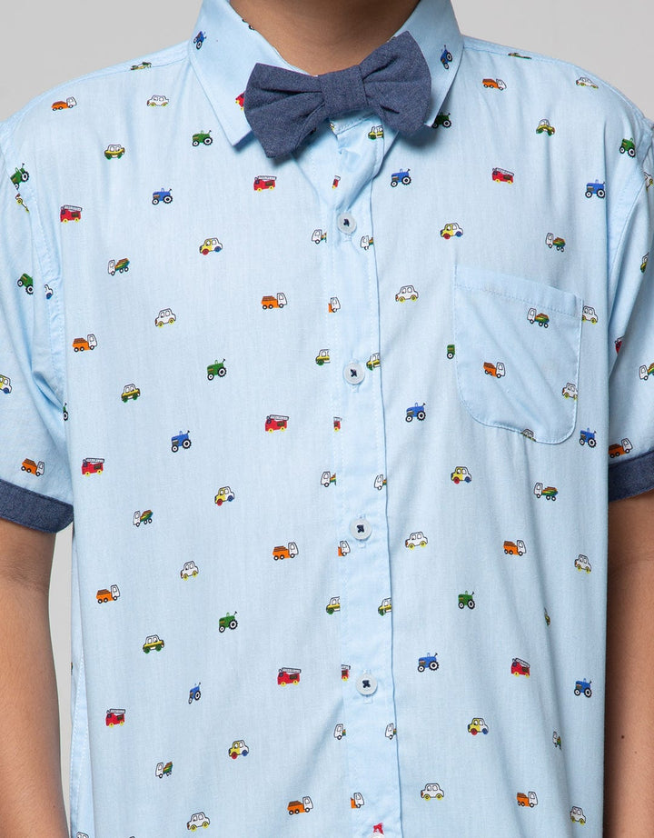Little M Short Sleeve Shirt Fullprint Car Kantong Dasi