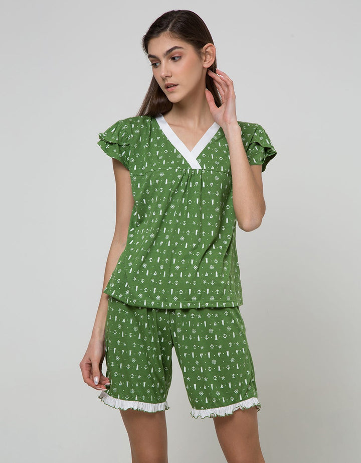 Cynthia Piyama Set Pants V Neck Motif Printed