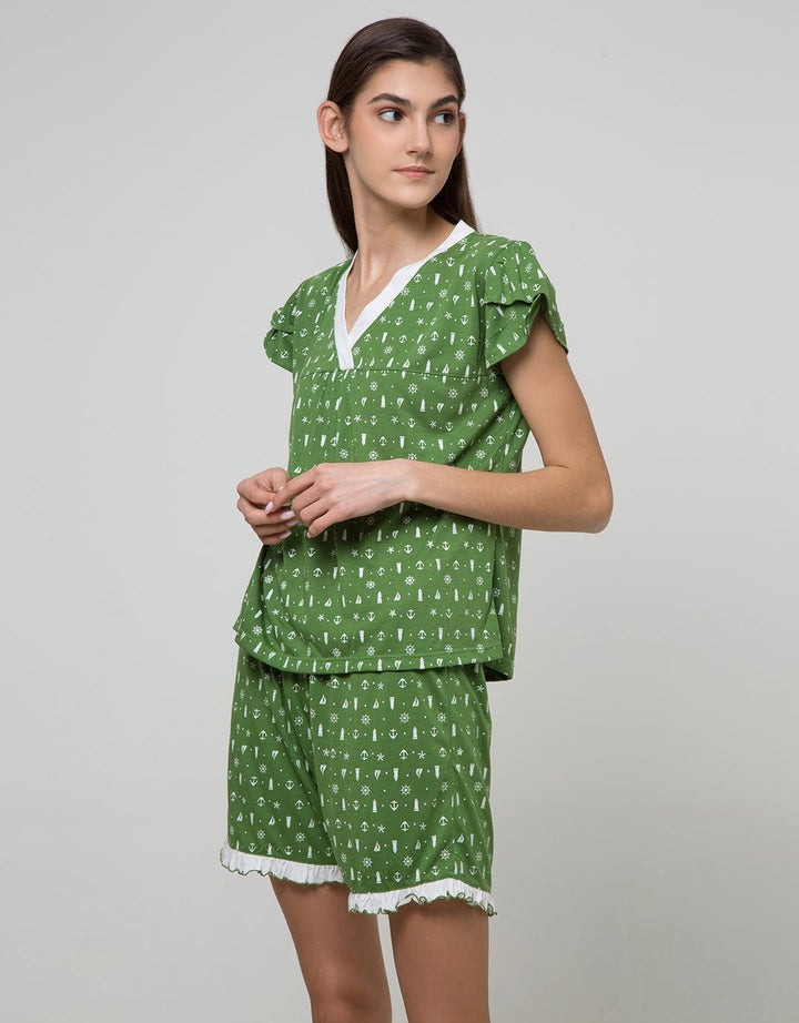 Cynthia Piyama Set Pants V Neck Motif Printed